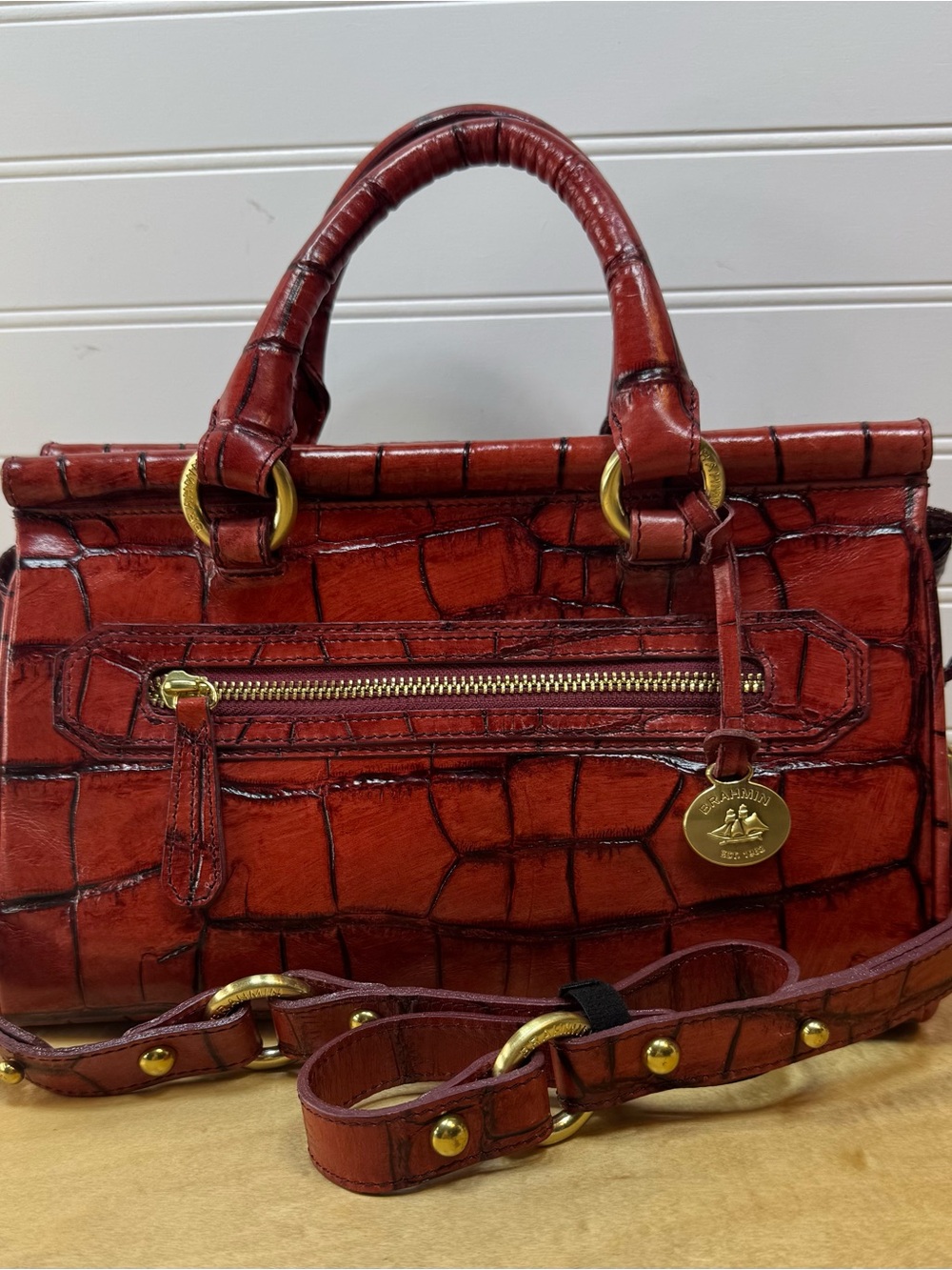 Brahmin Nancy Red Croc-Embossed Leather Satchel with Gold Hardware